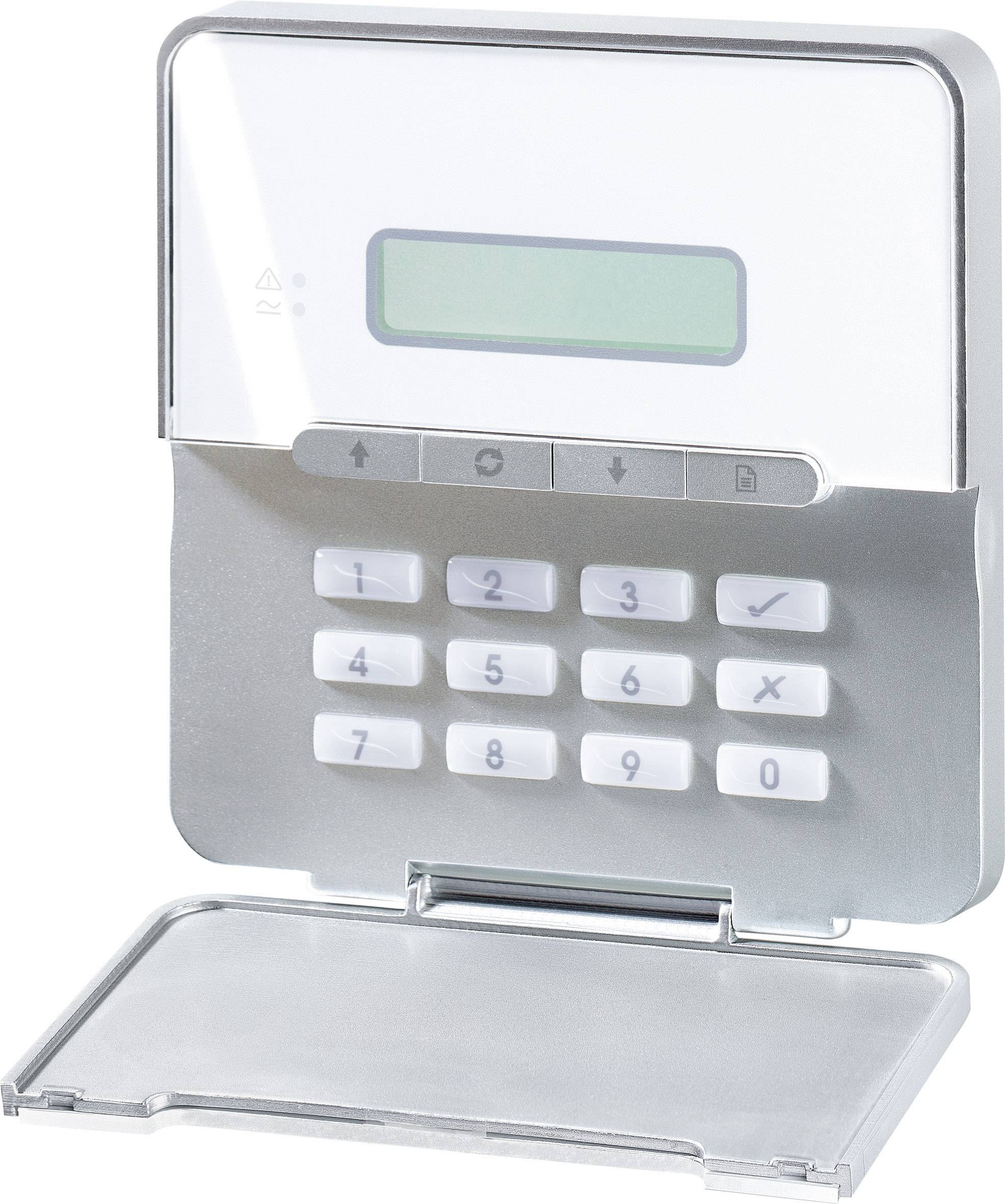 Un cadenas électronique moderne en argent avec un clavier numérique et un petit écran pour saisir les codes de sécurité, posé sur une table.