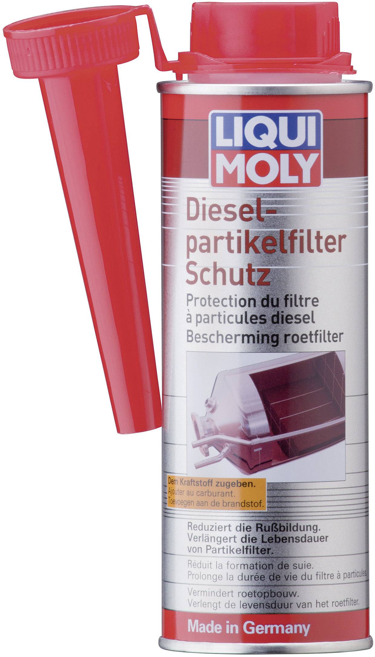 Une bouteille rouge de Liqui Moly Protection du Filtre à Particules Diesel avec doseur. Réduit la formation de suie et protège le filtre à particules.