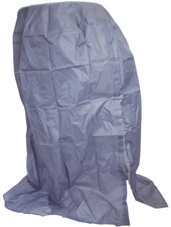 Un grand tissu bleu plié, probablement un sac plastique ou une bâche, est debout sur le sol.