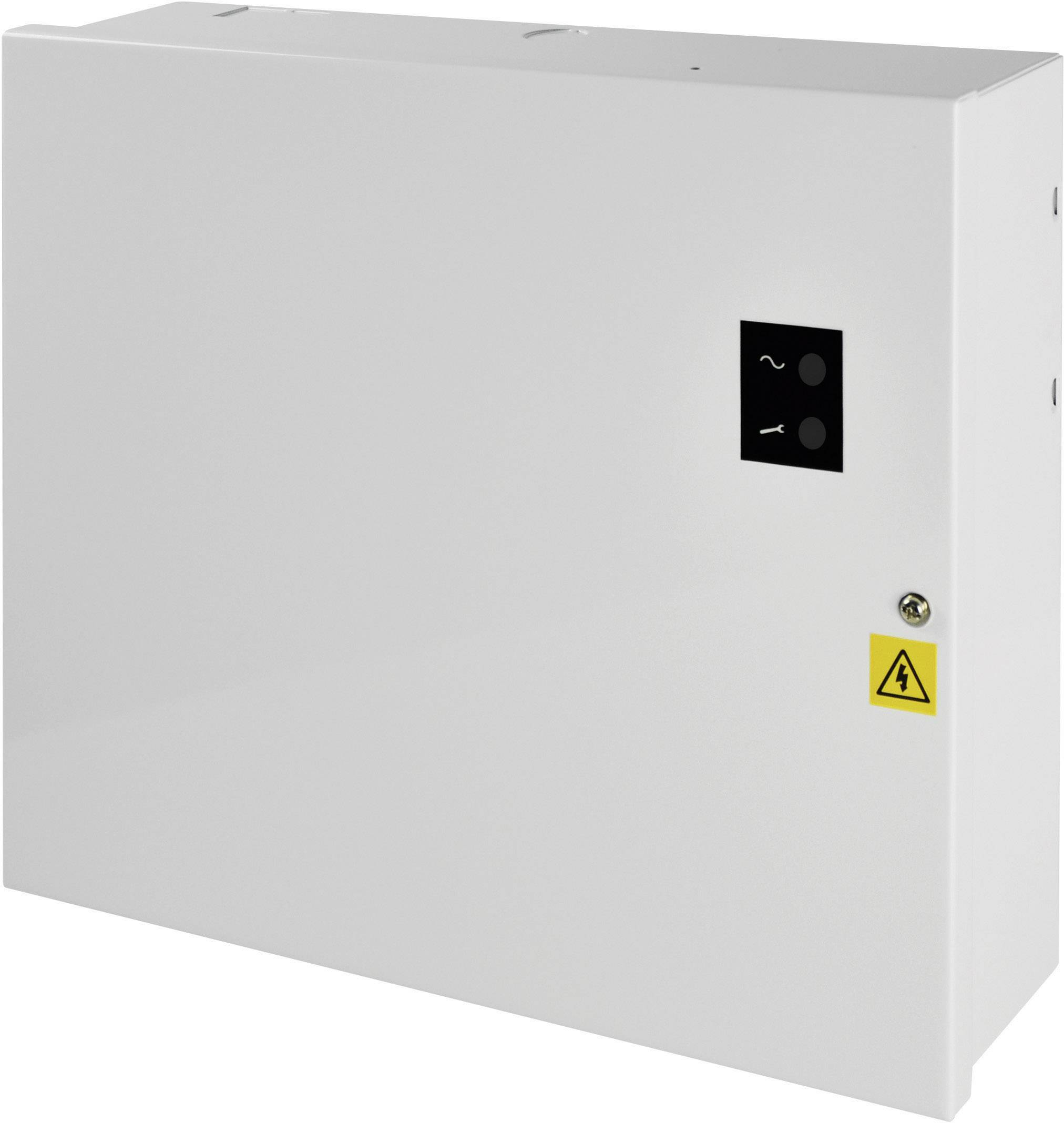 Un armoire électrique blanche avec deux éléments de commande et un symbole d'avertissement de danger électrique.