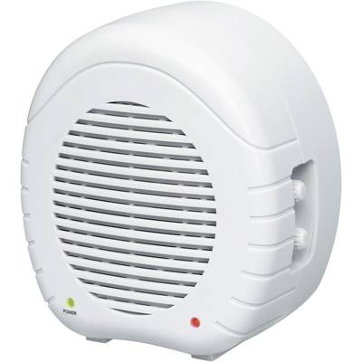 Chauffage électrique blanc pour intérieur avec grille de ventilation et témoins lumineux vert et rouge indiquant le statut de fonctionnement.