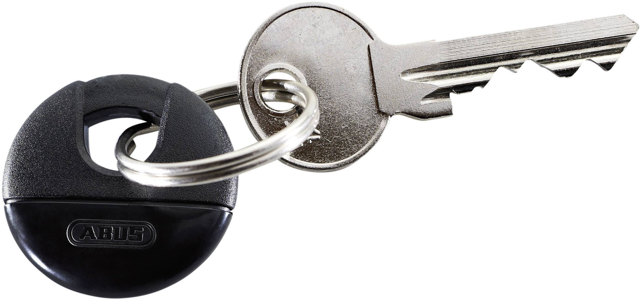 Une clé métallique unique avec une tête en plastique noir et un anneau porte-clés.