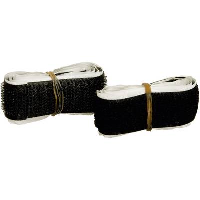 Deux rouleaux de bande velcro noirs sont posés côte à côte. Ils sont attachés ensemble avec des élastiques.