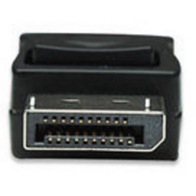 Un connecteur DisplayPort noir et or, utilisé pour connecter des ordinateurs à des moniteurs, présente la forme rectangulaire typique et les broches de contact.