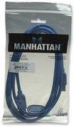Un paquet contenant un câble USB Manhattan bleu, emballé dans un étui en plastique transparent.