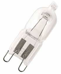 Une lampe halogène claire avec un culot bipolaire. Elle a une forme cylindrique et est fabriquée en verre transparent.