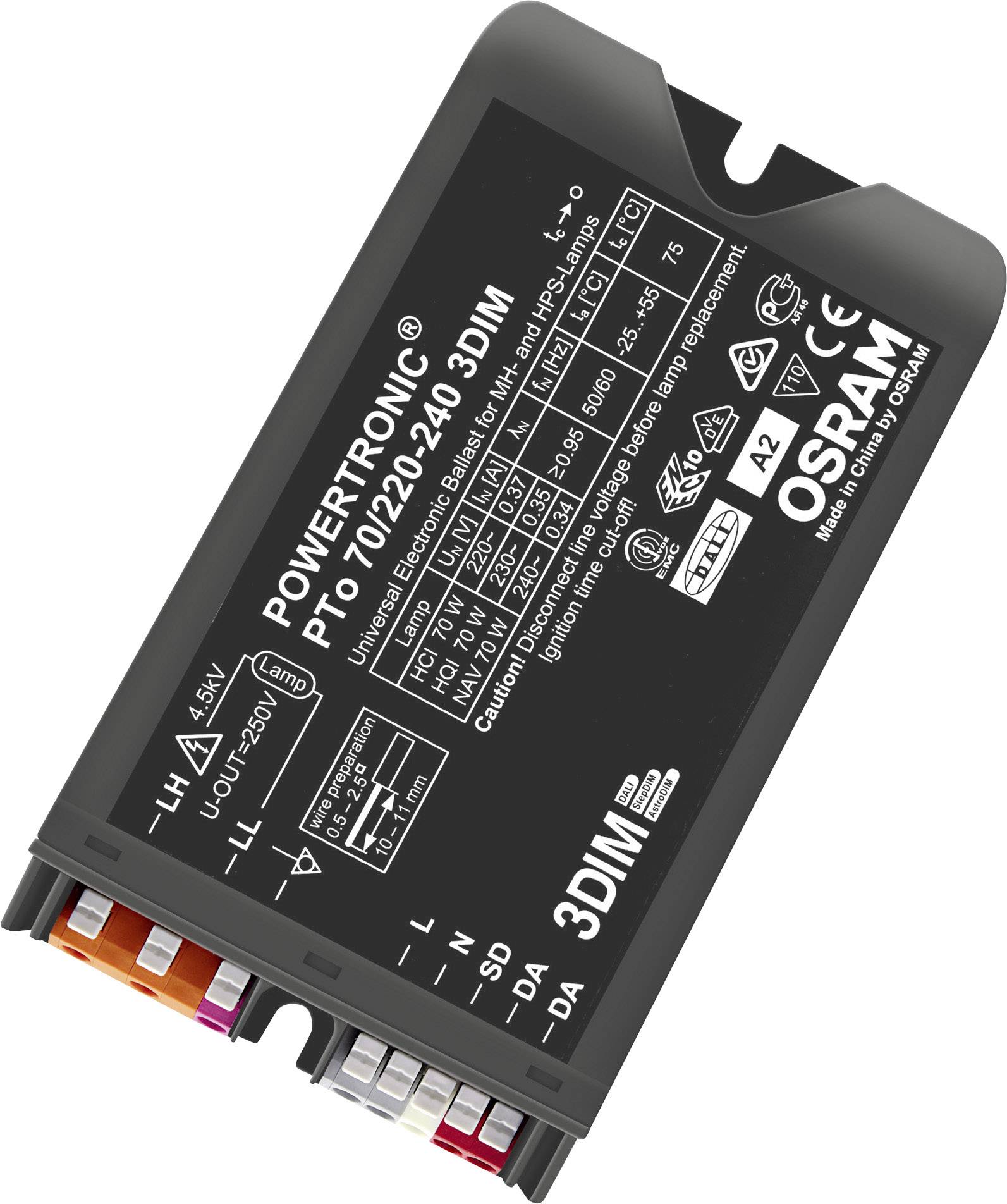 Équipement électronique de commande OSRAM, modèle Powertronic PTi 70/220-240/3DIM, adapté aux lampes HID de 70W, présentant les spécifications techniques et les connexions.