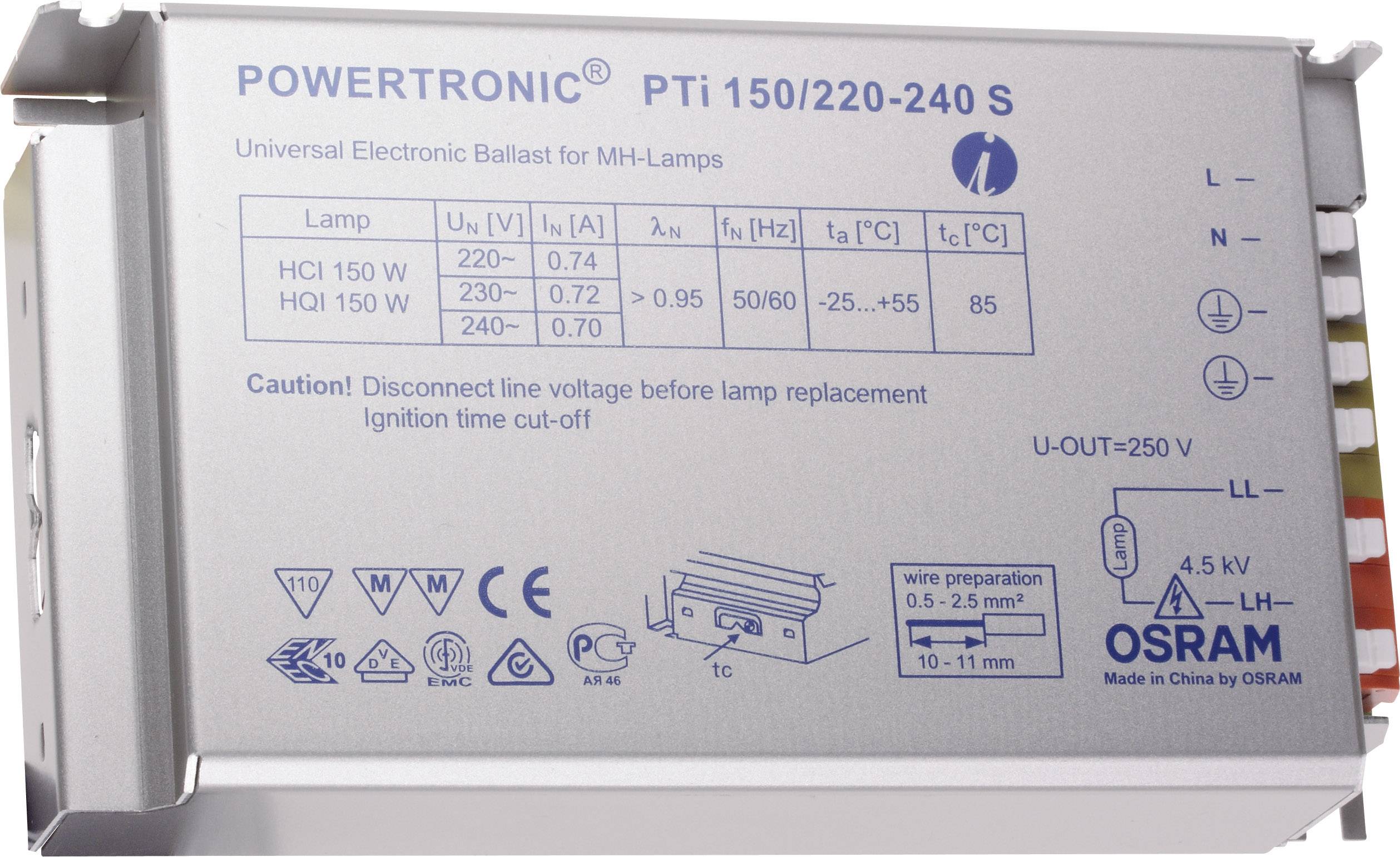Ballast électronique OSRAM pour lampes à vapeur de mercure. Comprend le numéro de modèle, la plage de tension (220-240V), et les spécifications techniques.