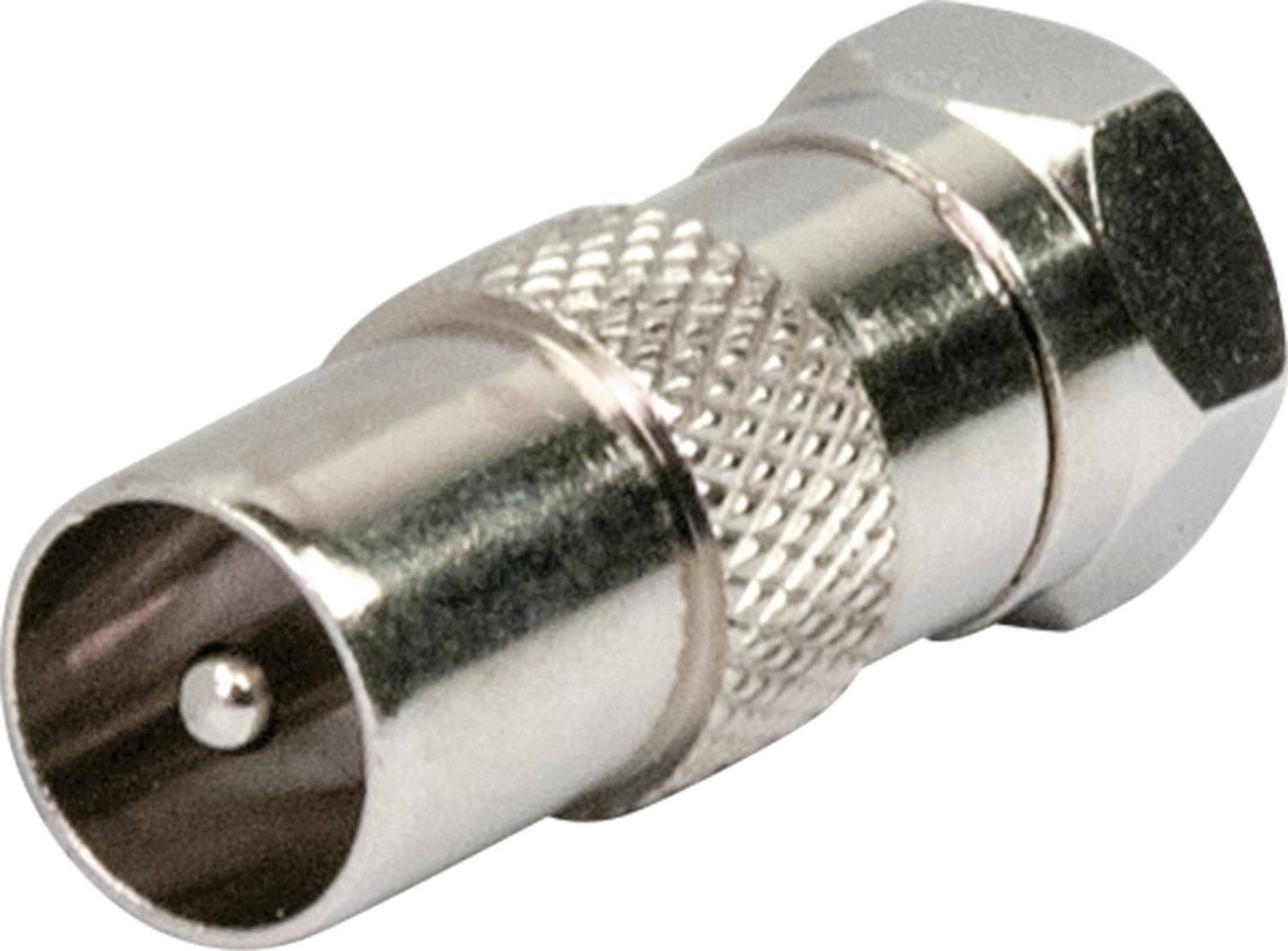 Un connecteur coaxial en métal avec une manchette cannelée et un écrou hexagonal. Utilisé pour les connexions de télévision et de câble à large bande.