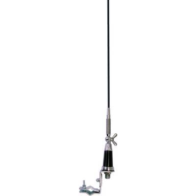 Antenne noire et longue avec socle métallique argenté et équerre de montage pour fixation sur des véhicules ou d'autres surfaces.