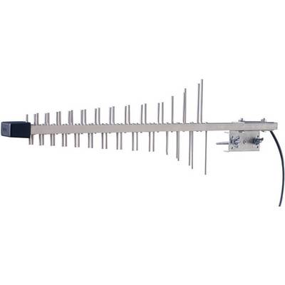 Une antenne Yagi grise à plusieurs éléments et avec un câble, montée sur un support sur le côté droit.