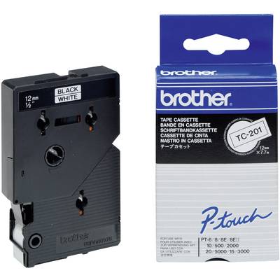 Une cassette d'étiquettes Brother pour imprimante P-touch, modèle TC-201, avec texte noir sur fond blanc, largeur de 12 mm.