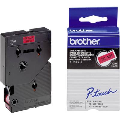 Cassette de ruban d'étiquettes Brother, 12 mm de large, noir sur rouge, modèle TC-401, emballage et cassette illustrés.