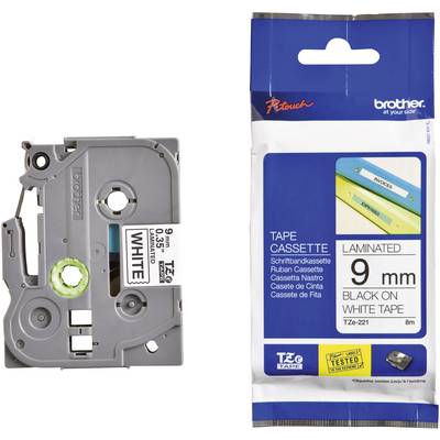 Cassette de ruban pour étiqueteuse Brother P-touch 9mm en blanc et noir, présentant l'appareil avec et sans emballage côte à côte.