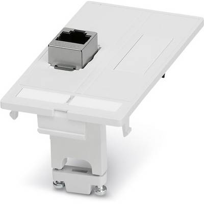 Prise réseau blanche avec un port RJ45 noir pour les connexions Ethernet, montée sur une plaque murale.