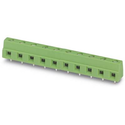 Connecteur électrique vert avec dix emplacements et broches métalliques à sa base.