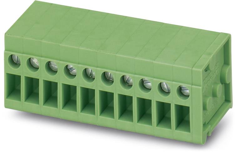 Barrette de connexion électrique verte avec dix bornes à vis alignées.