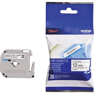 Cassette d'étiquettes et emballage. Texte : '12 mm 0,47" blanc', 'Cassette de ruban', 'Ruban noir sur blanc 12 mm'. Adapté pour un appareil d'étiquetage.