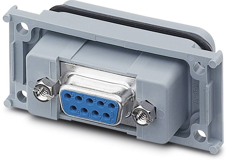 Un connecteur D-Sub gris avec des embases bleues et deux fixations latérales à vis, utilisé pour les connexions série.