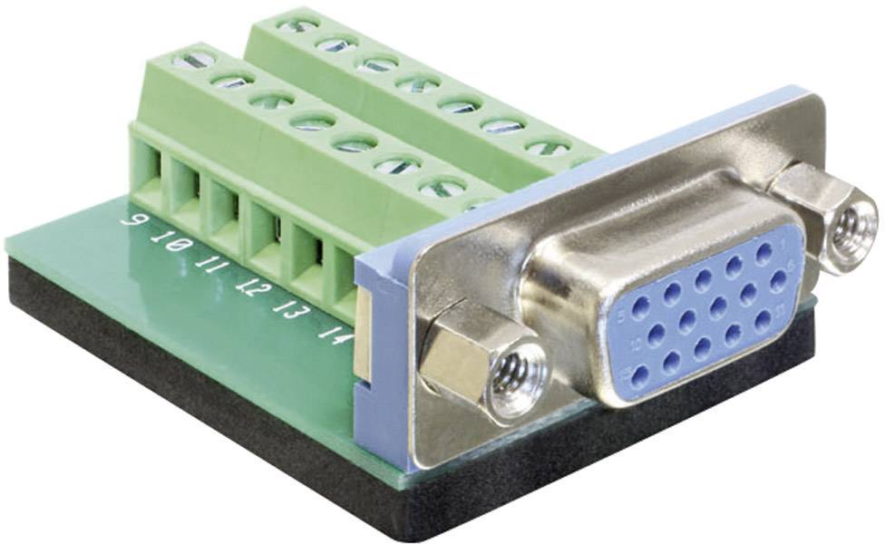 Un connecteur VGA vert relié à un métal sur une carte de circuit imprimé. L'adaptateur possède des bornes numérotées pour les connexions de fils.