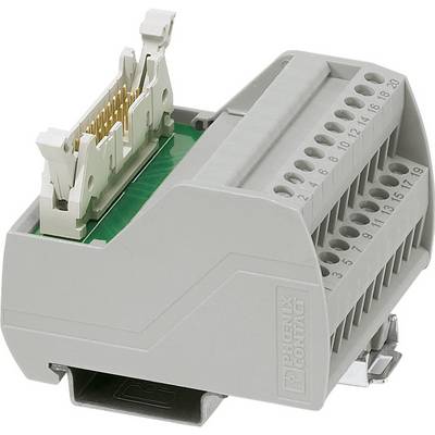 Bloc de connecteurs électriques gris avec plusieurs bornes et un fond de circuit imprimé vert.