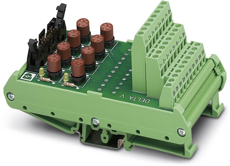 Carte de circuit imprimé verte avec plusieurs connexions et capuchons rouges. Étiquetée 'DELTA V'. Composant de câblage.