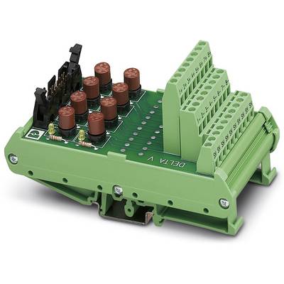 Carte de circuit imprimé verte avec plusieurs connexions et capuchons rouges. Étiquetée 'DELTA V'. Composant de câblage.
