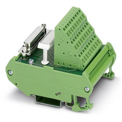 Un module de connexion électrique vert avec plusieurs connecteurs et bornes à vis, montable sur un rail DIN.