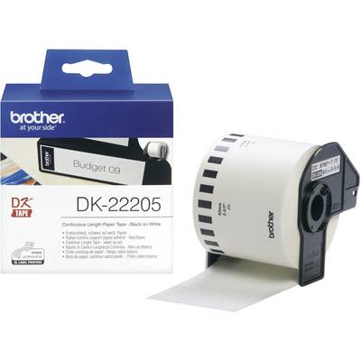 Rouleau d'étiquettes en papier continu 'Brother DK-22205', noir sur blanc. Emballage et rouleau illustrés, adapté pour imprimantes d'étiquettes.