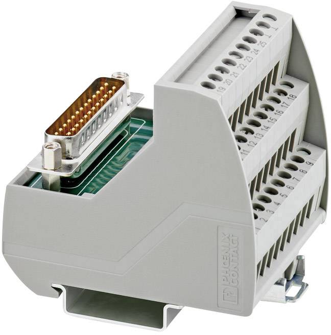 Prise électrique gris-blanc avec 16 bornes numérotées et un adaptateur de connecteur D-Sub à 25 broches sur le côté.
