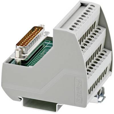 Prise électrique gris-blanc avec 16 bornes numérotées et un adaptateur de connecteur D-Sub à 25 broches sur le côté.