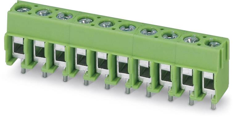 Un connecteur vert multibroche avec plusieurs emplacements et des connexions à vis pour le câblage électrique.