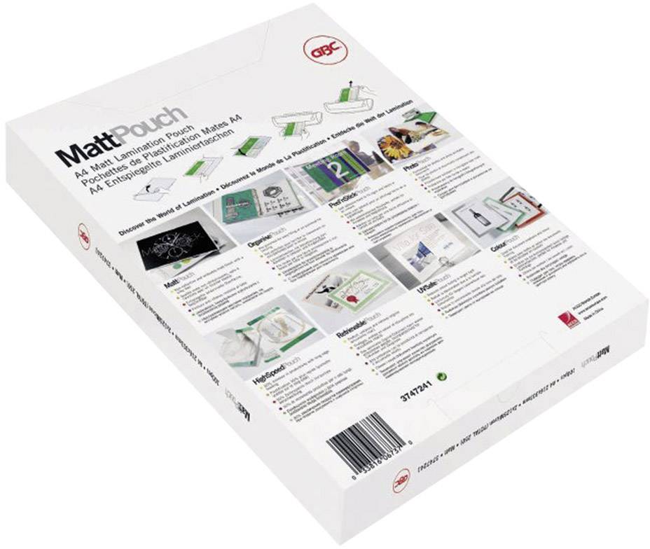 Un emballage contenant des pochettes de plastification au format A4. Le logo 'abc' est situé en haut. L'emballage présente des exemples d'utilisation et des instructions.