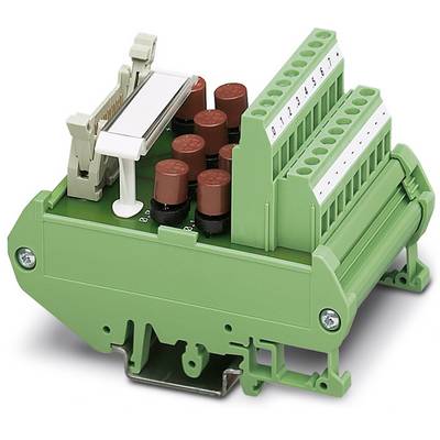 Module électronique vert avec connexions de câbles et connexions enfichables rouges, probablement destiné à des applications industrielles ou des systèmes de contrôle.