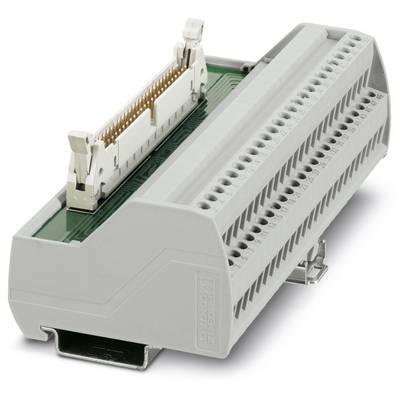 Un système de bornes de connexion électrique gris avec plusieurs connexions pour fils, monté sur une carte de circuit imprimé verte.