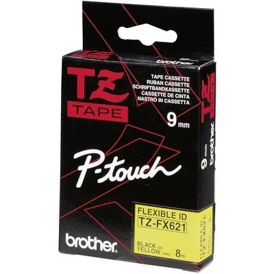 Cassette Brother 'P-touch', 9 mm, ID flexible TZ-FX621, texte noir sur ruban jaune, longueur 8 mètres ; face avant de l'emballage.