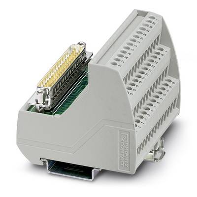 Un bloc de raccordement gris avec plusieurs rangées de bornes numérotées et une interface D-Sub, montable sur rail DIN.