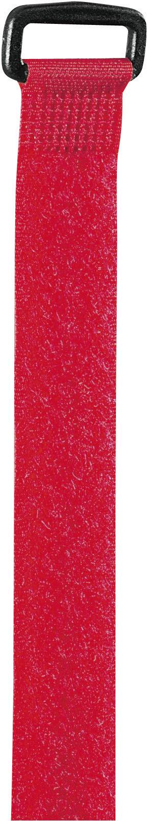 Ruban auto-agrippant rouge avec boucle en plastique noir, utilisé pour sécuriser ou organiser des câbles ou des objets.