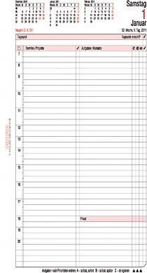 Feuillet de calendrier pour samedi 1er janvier. Petit calendrier en haut pour novembre, décembre et février. Agenda journalier avec colonnes horaires et pour notes.