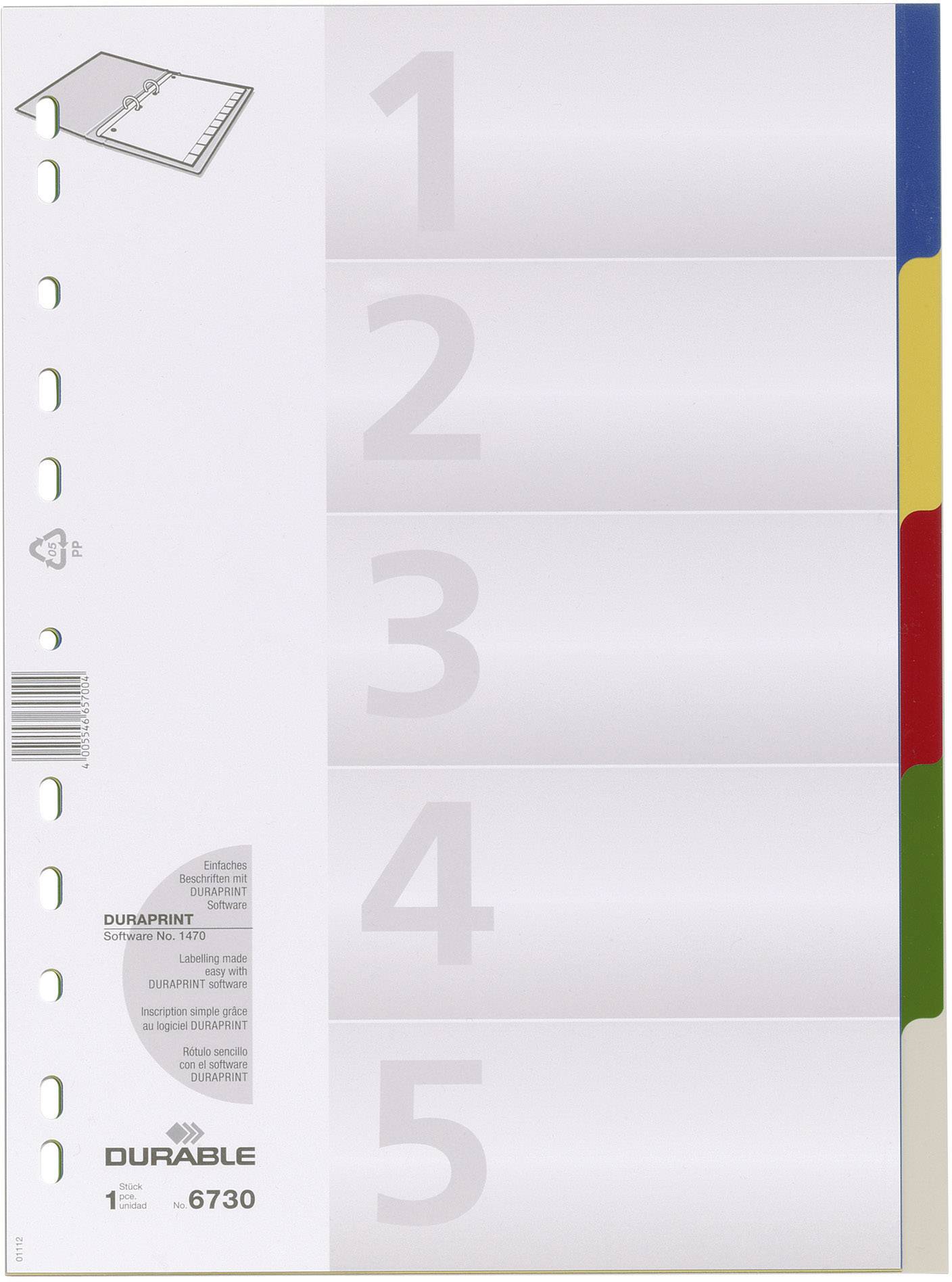 Intercalaires en plastique de la marque 'Durable' avec onglets numérotés de 1 à 5 dans différentes couleurs.