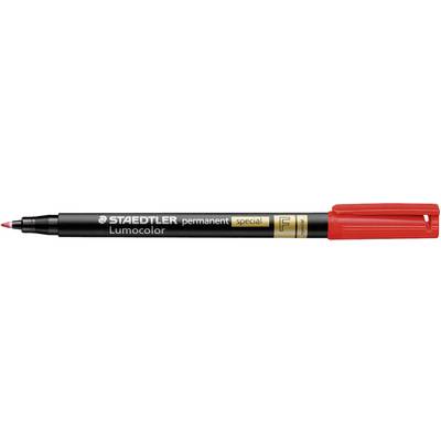'Marqueur permanent Staedtler Lumocolor noir avec capuchon rouge, adapté pour écrire sur différentes surfaces.'