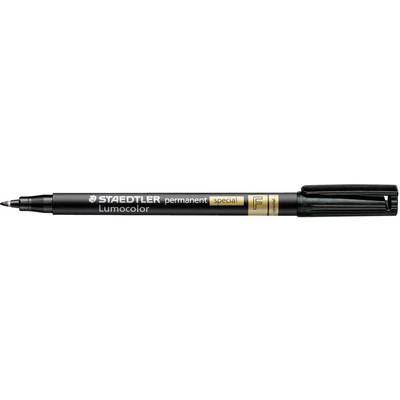 Marqueur permanent noir Staedtler, Lumocolor Special, avec pointe fine et inscription dorée sur le boîtier.