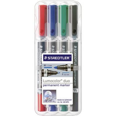 Boîte contenant six marqueurs permanents Staedtler Lumocolor duo de différentes couleurs. Deux pointes par stylo : 1,5 mm et 0,6 mm. Fabriqué en Allemagne.