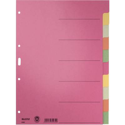 Un intercalaire rose avec cinq onglets colorés et personnalisables, percés pour être rangés dans un classeur.