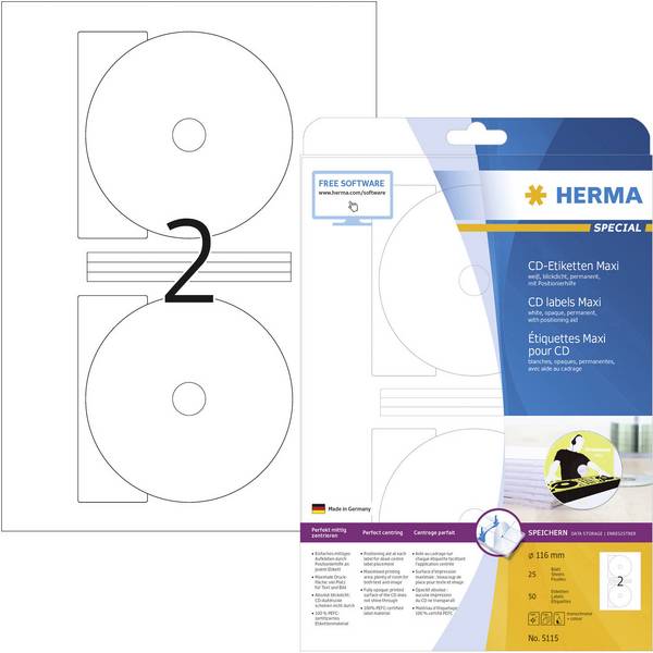 Herma 5115 Etiquette pour CD Ø 116 mm papier blanc 50 pc(s) fixation permanente  imprimante à jet d'encre, imprimante laser, imprimante laser couleur, photocopieuse, photocopieuse couleur, inscription à main