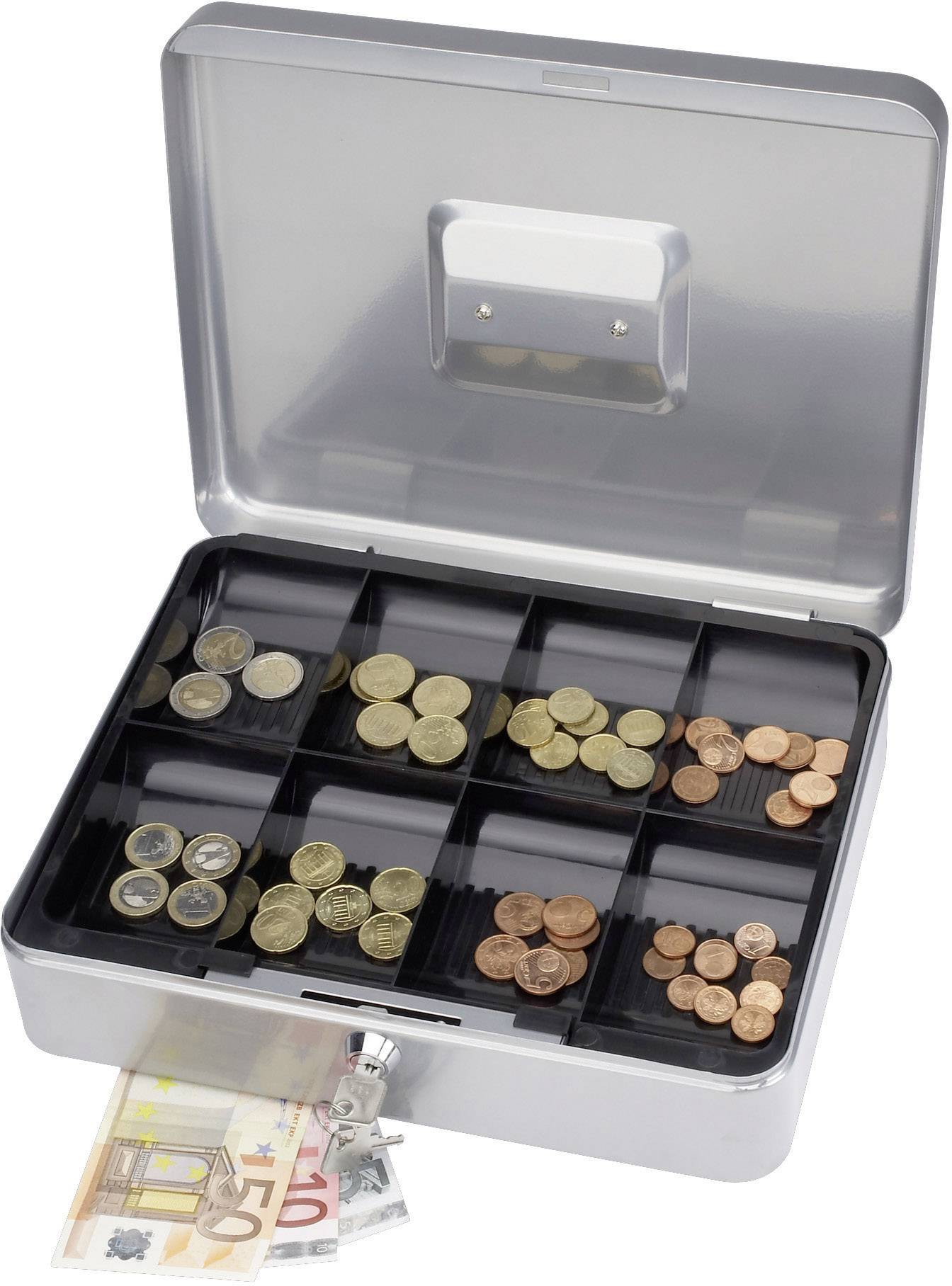 Une boîte métallique ouverte avec plusieurs compartiments pour des pièces de monnaie de différentes valeurs et un compartiment pour les billets dans la partie inférieure.