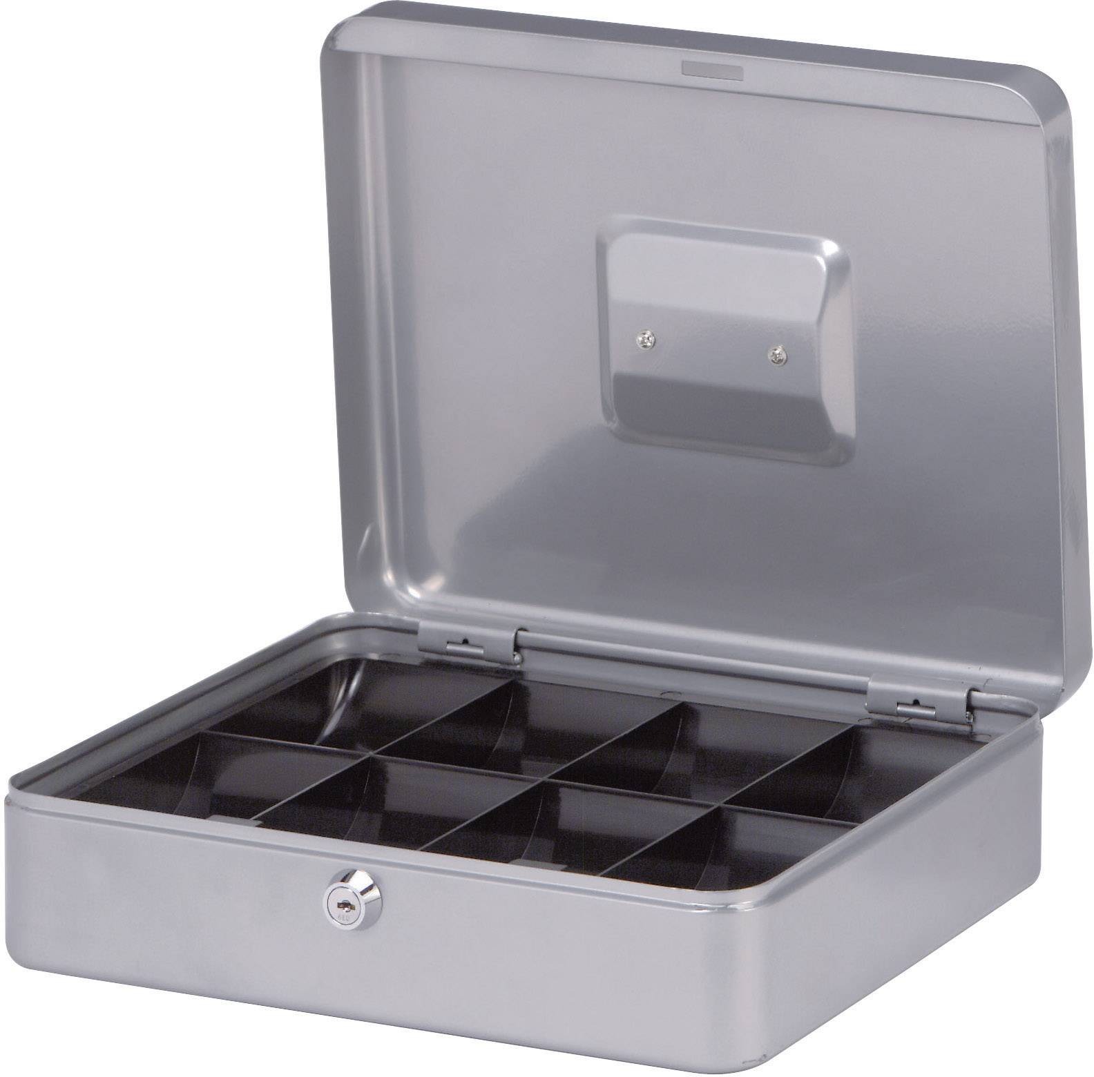 Boîte de caisse gris-argenté avec couvercle ouvert, montrant un système de rangement professionnel pour l'organisation des pièces de monnaie et des billets.