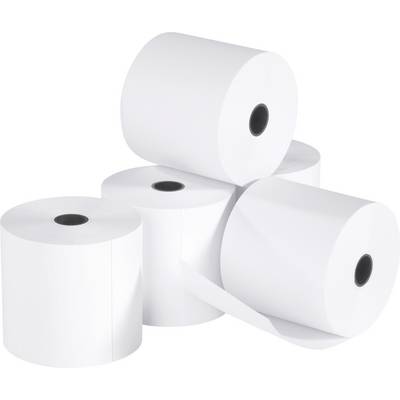 Cinq rouleaux de papier blancs sont empilés, partiellement déroulés. Ils semblent neufs et inutilisés.