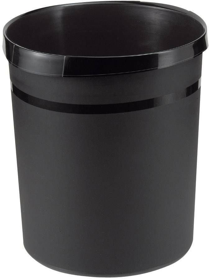 Une poubelle noire cylindrique en plastique est droite.