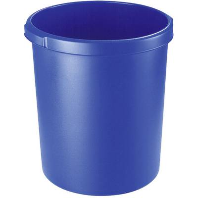Une grande poubelle en plastique bleu, sans inscription ni décoration visible, posée sur une surface plane.